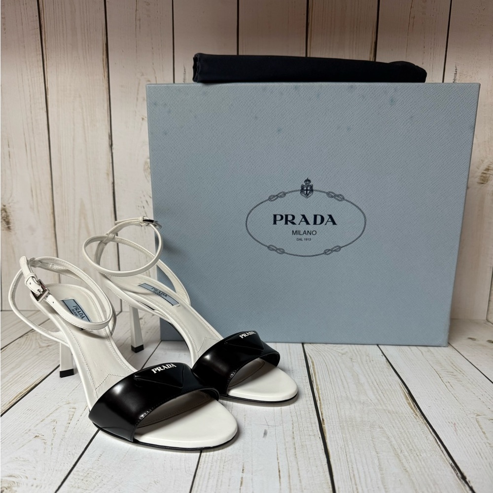 Prada Spazzolato Triangle Logo Ankle Strap Sandals White/ Black Sz 36.5 / 6.5